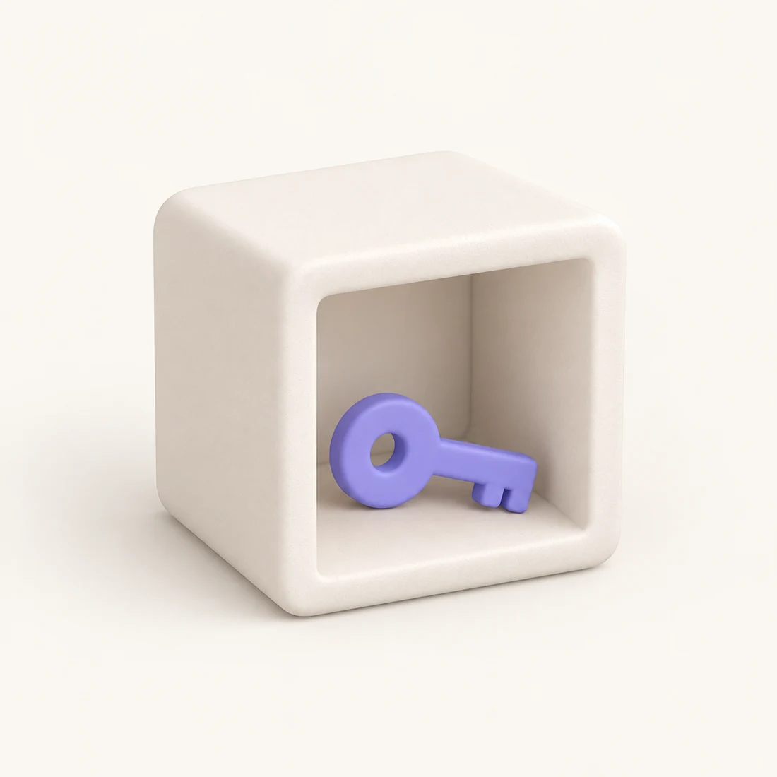 A clay render of a key resting inside an open cube.