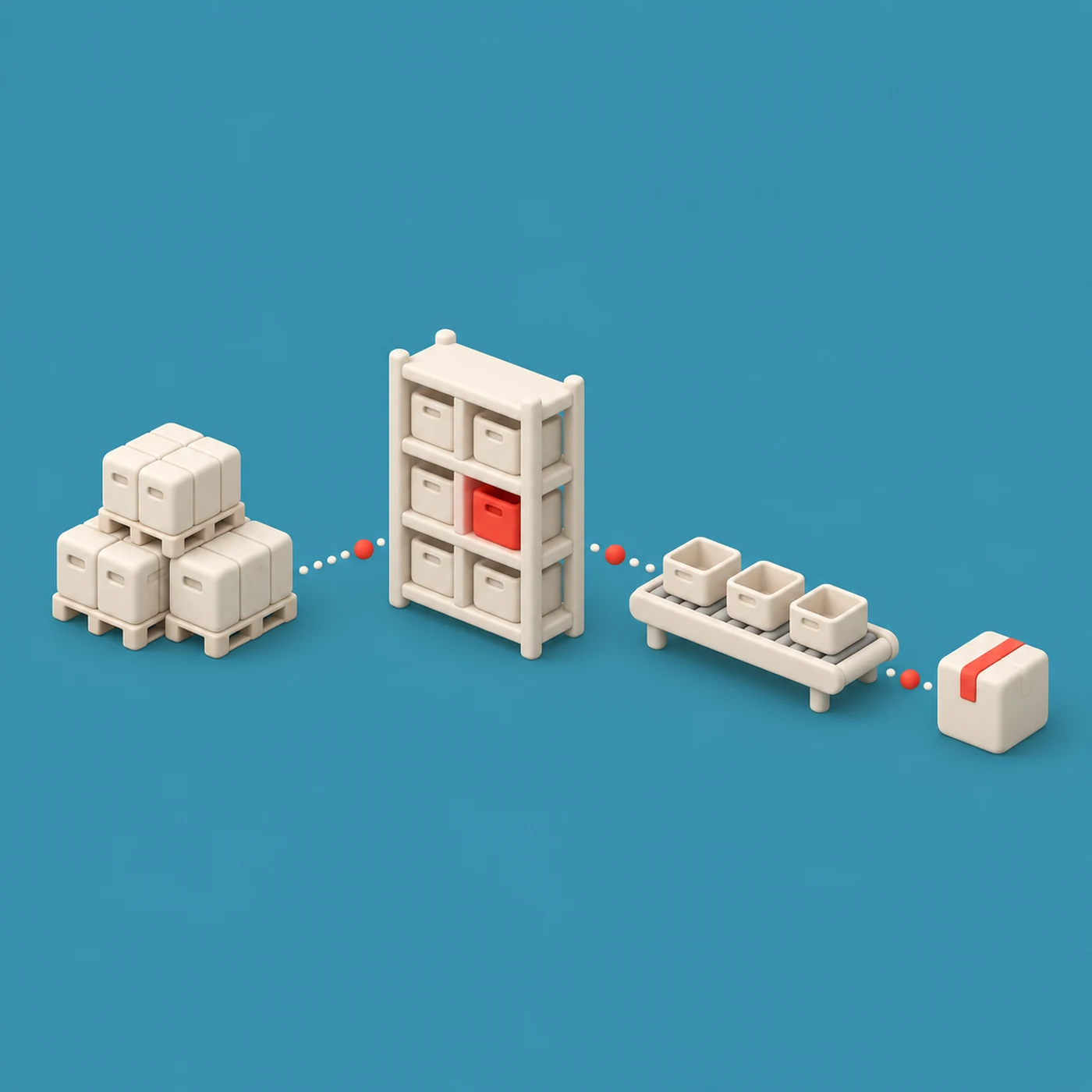 Pallets, a storage rack, a conveyor and a sealed parcel, in sequence.