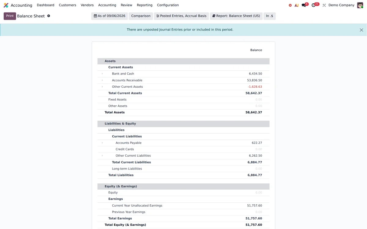 An Odoo balance sheet.