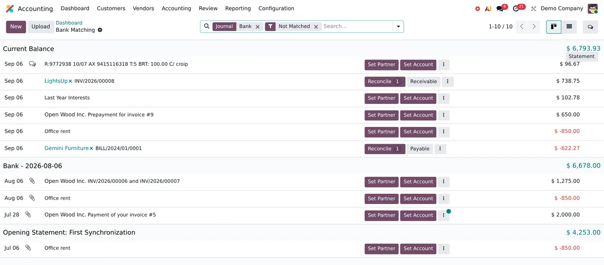 Odoo bank matching, statement lines beside their invoices.