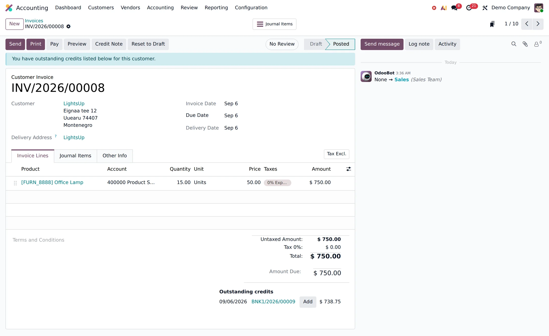An Odoo customer invoice with its lines, taxes and totals.