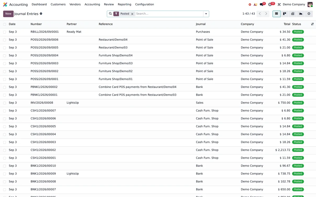 An Odoo journal entry list by date, journal and status.