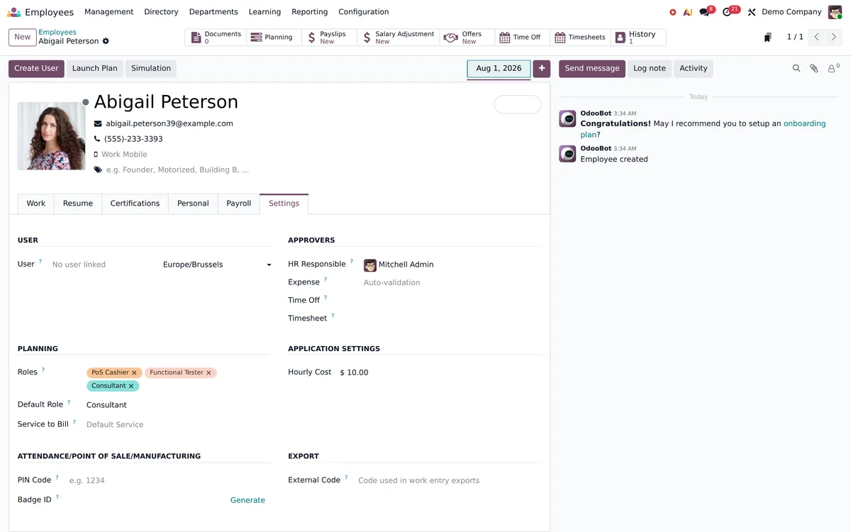 An Odoo employee record showing approvers and access roles.