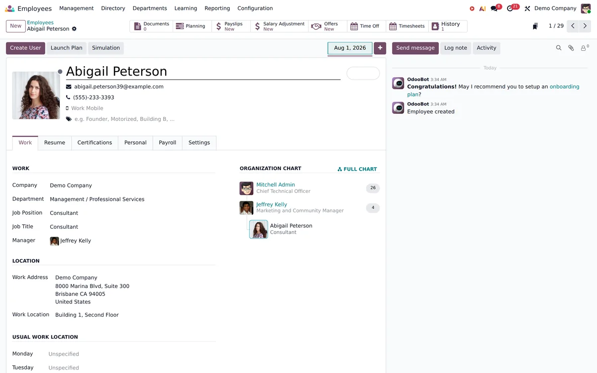 An Odoo employee record beside the organisation chart.
