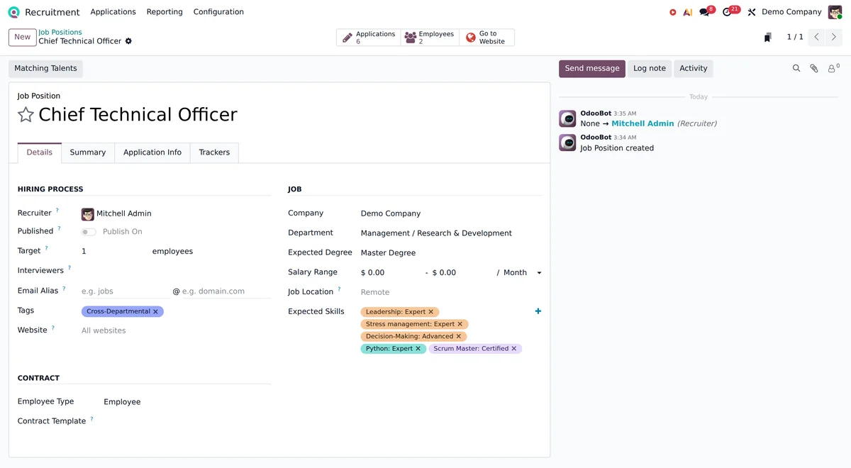 An Odoo job position with its hiring process and expected skills.