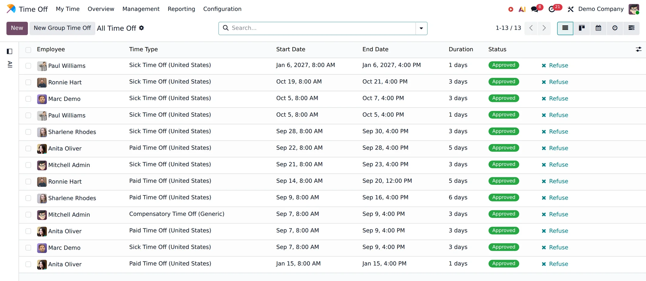 An Odoo time off list awaiting approval, by employee and type.