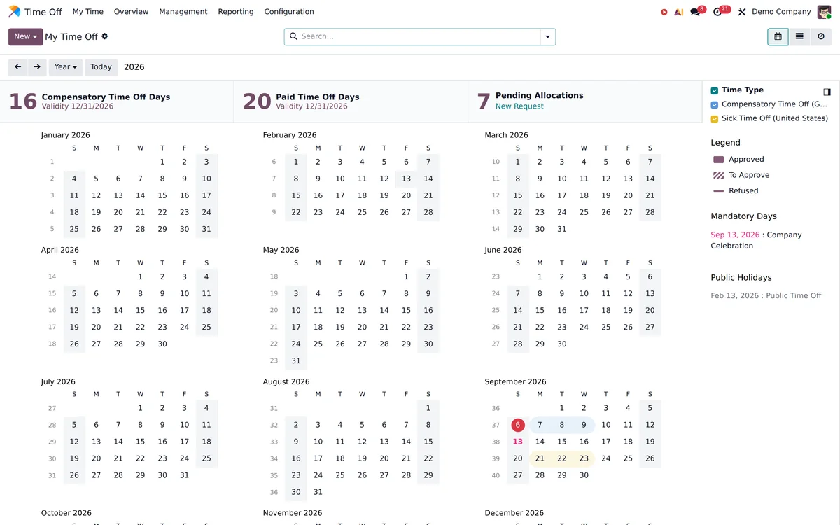 An Odoo time off dashboard showing balances and allocations.