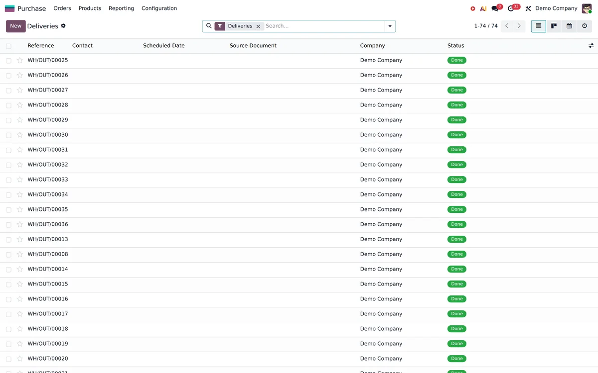 An Odoo delivery order list with references and status.