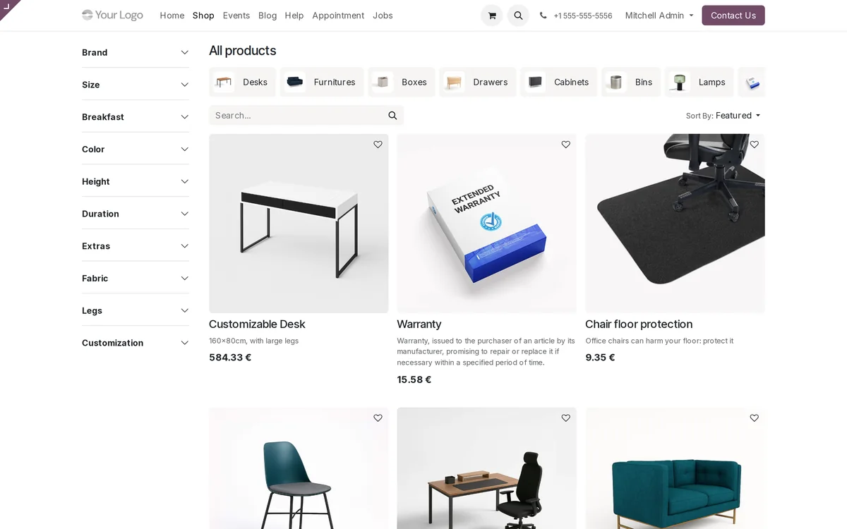 The Odoo online shop listing the same catalogue the till sells from.