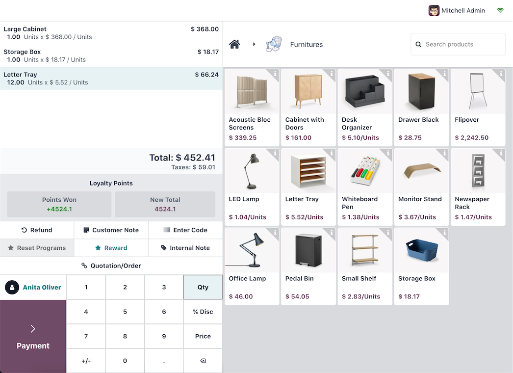 Odoo's point of sale interface.
