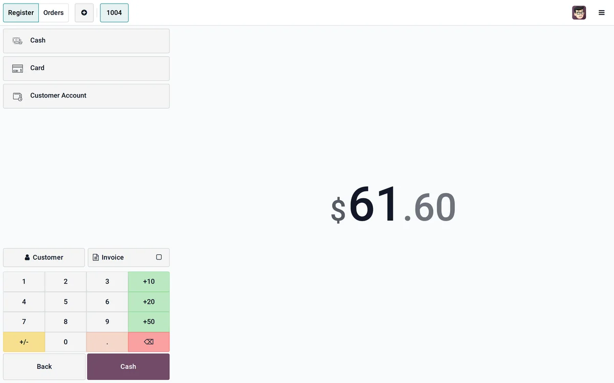 The Odoo payment screen offering cash, card and customer account.