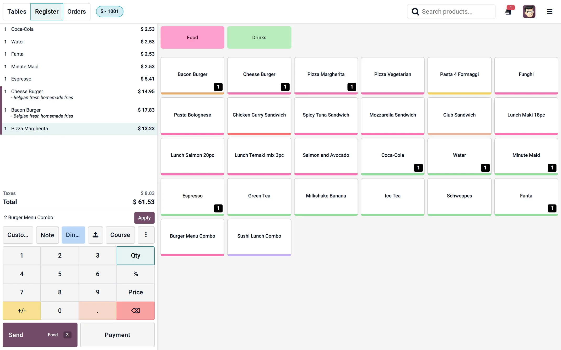 An Odoo restaurant register mid-order, with course notes on the ticket.