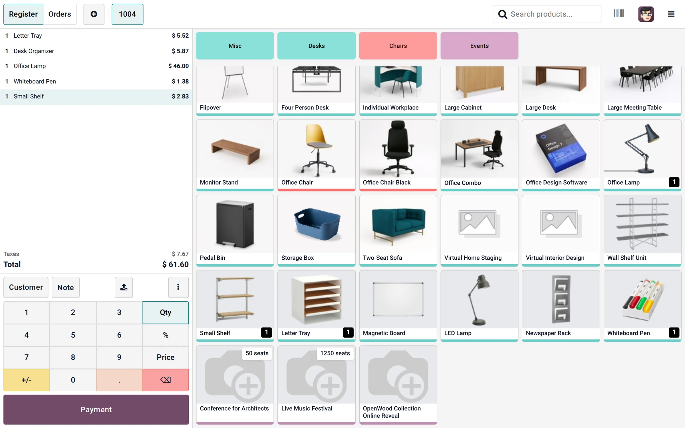 An Odoo point of sale register with an order in progress.
