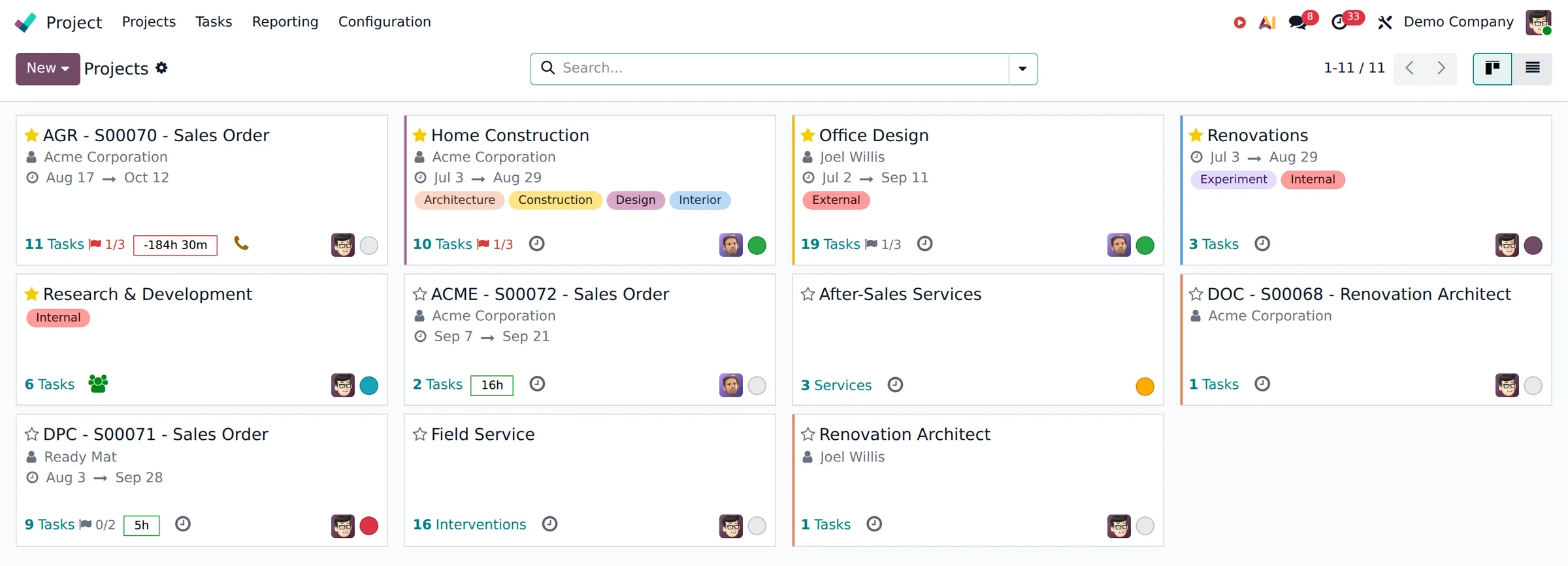 An Odoo project board with task counts and dates per project.