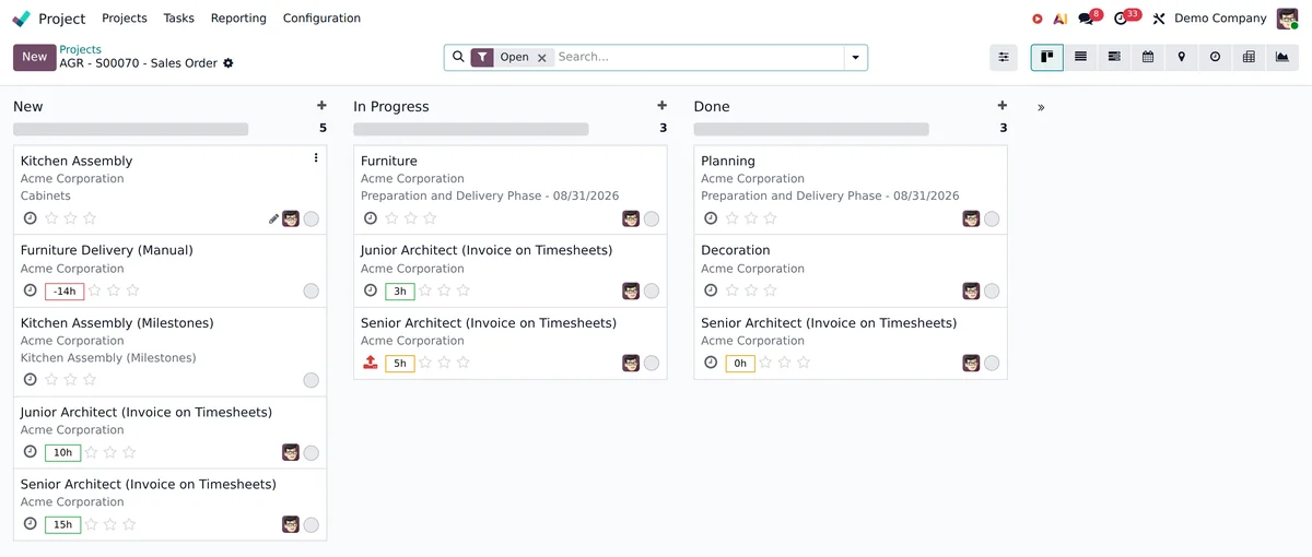 An Odoo task board by stage with assignees and hours.