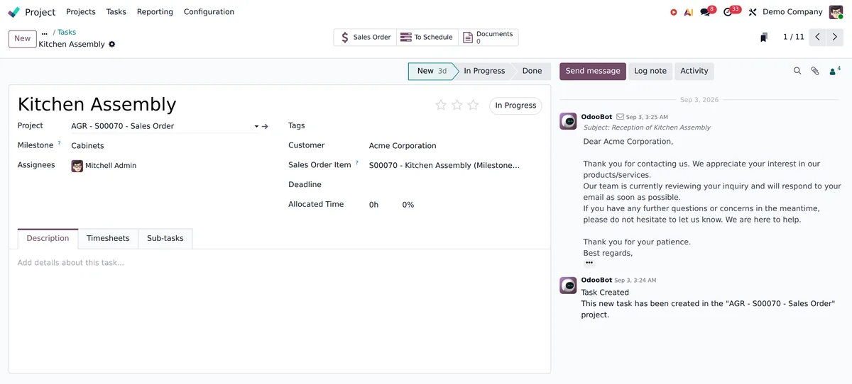 An Odoo task record with milestone, customer and time allocation.