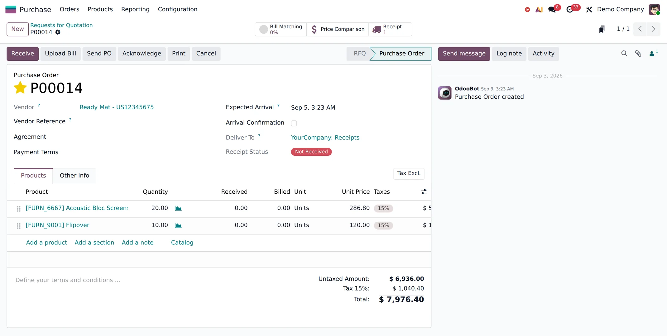 An Odoo purchase order with its lines, taxes and receipt status.