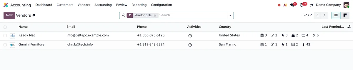 An Odoo vendor list with contacts and activity.