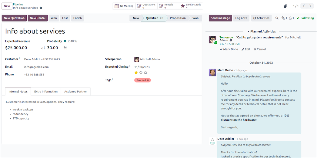 Odoo's customer communication view.