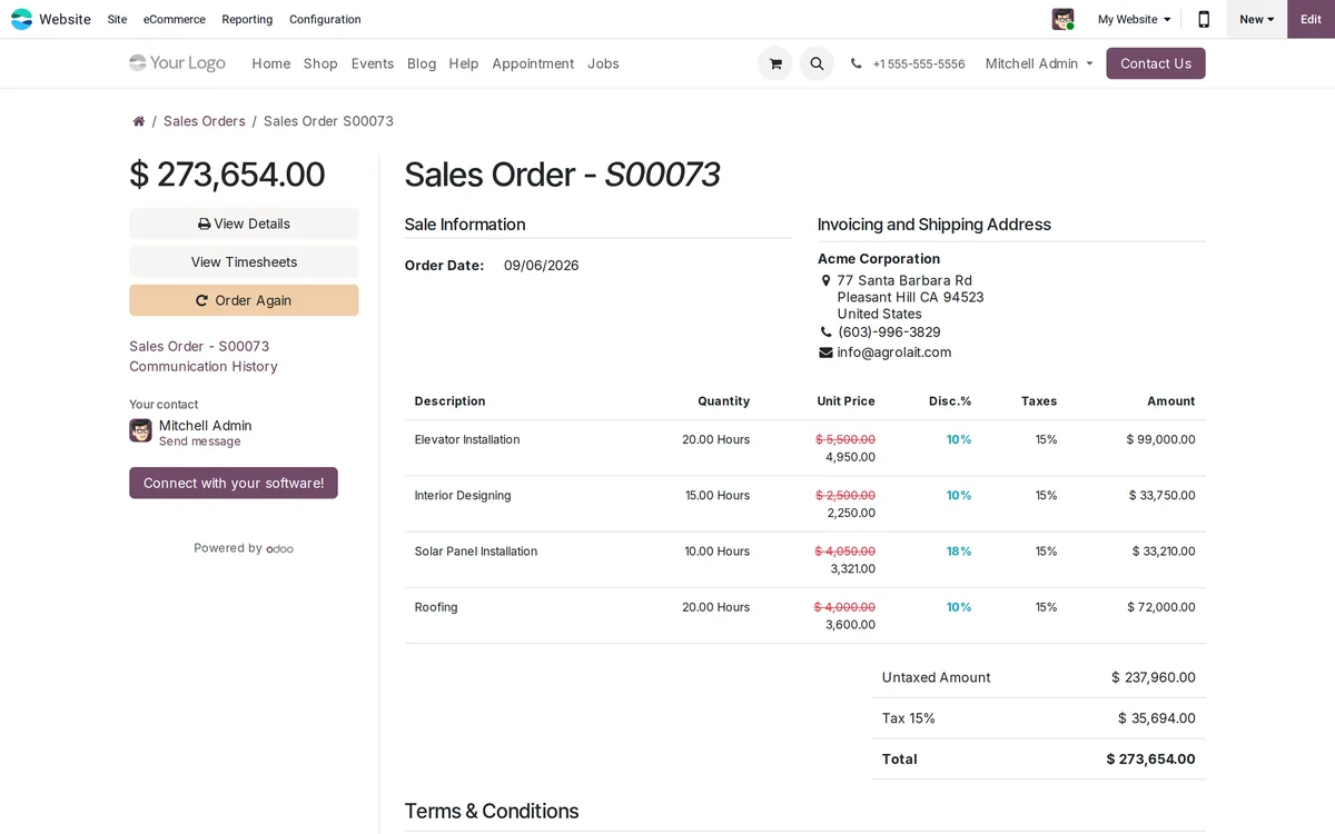 An Odoo customer portal showing an order, its discounts and its total.
