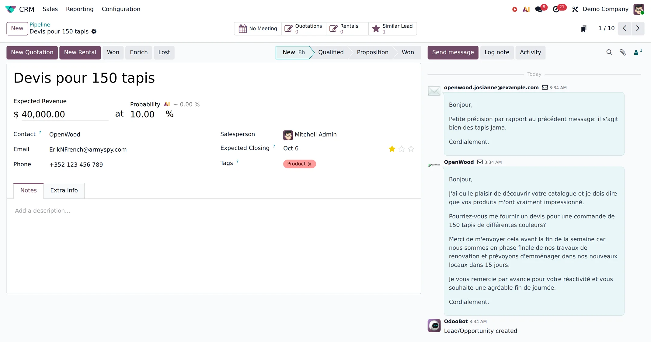 An Odoo opportunity record with its email history beside it.
