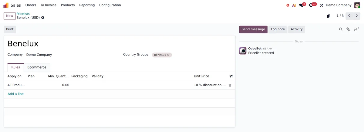 An Odoo price list and the rules that set it.