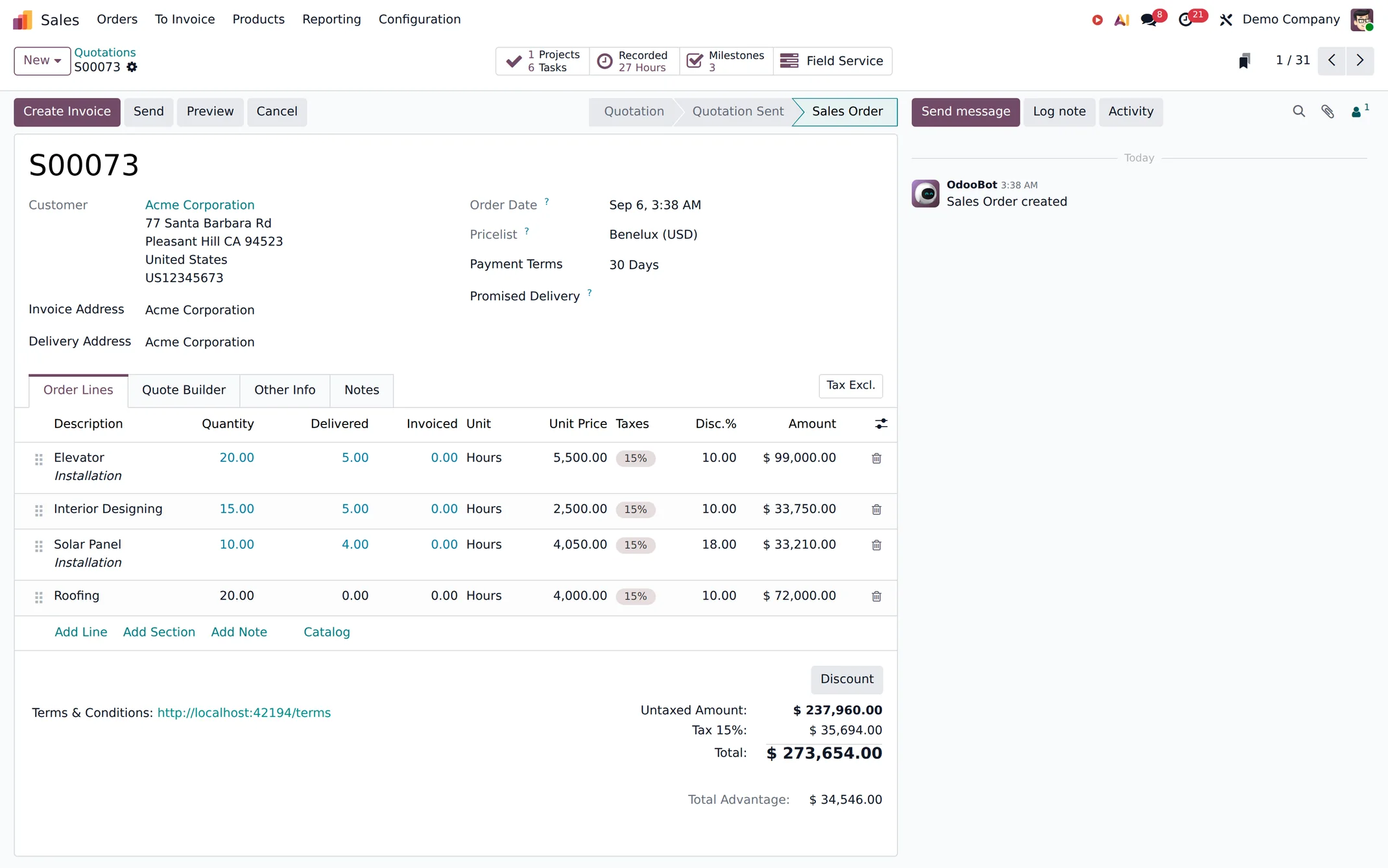 An Odoo sales order with its lines, discounts and totals.