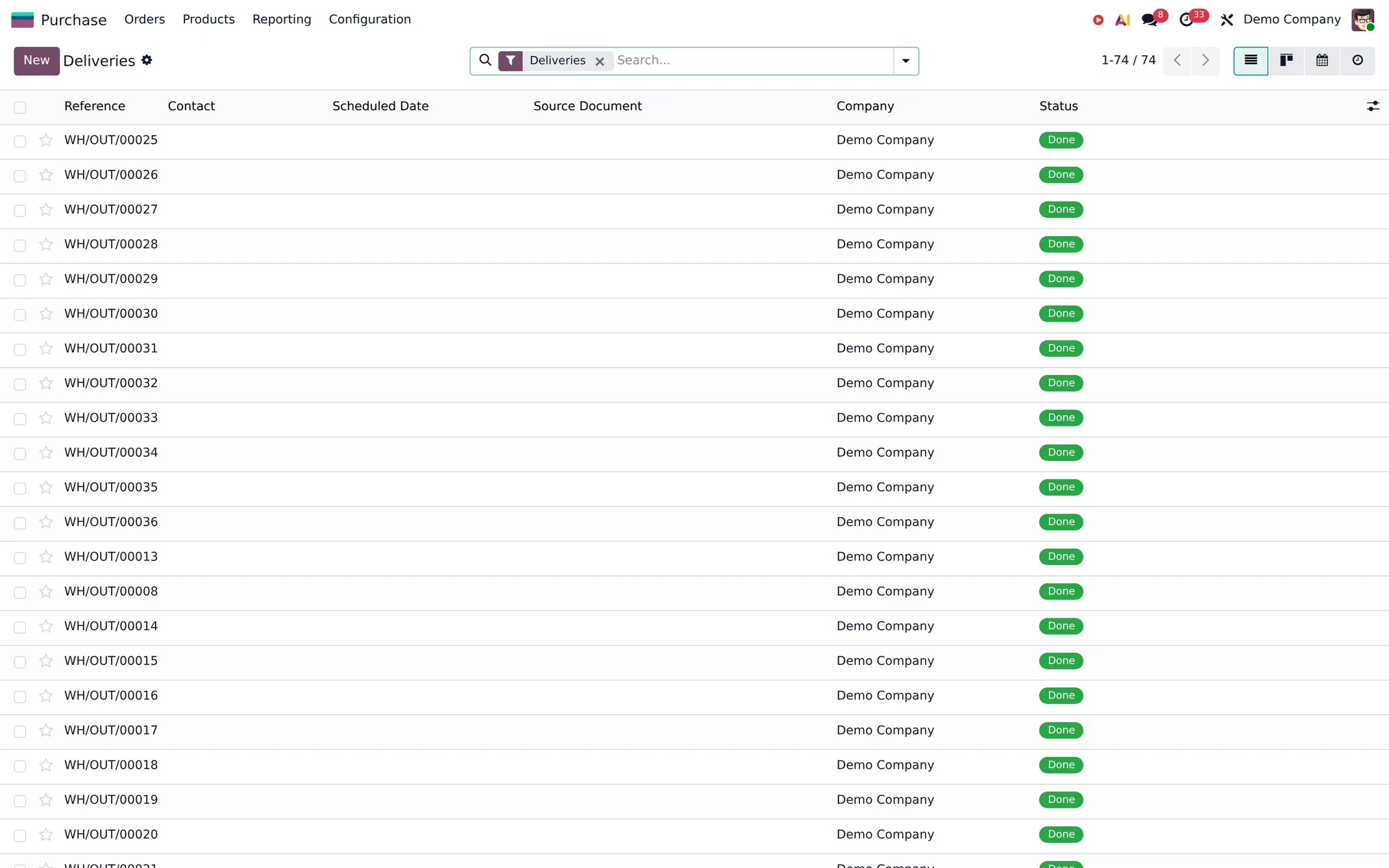 An Odoo delivery order list with references and status.