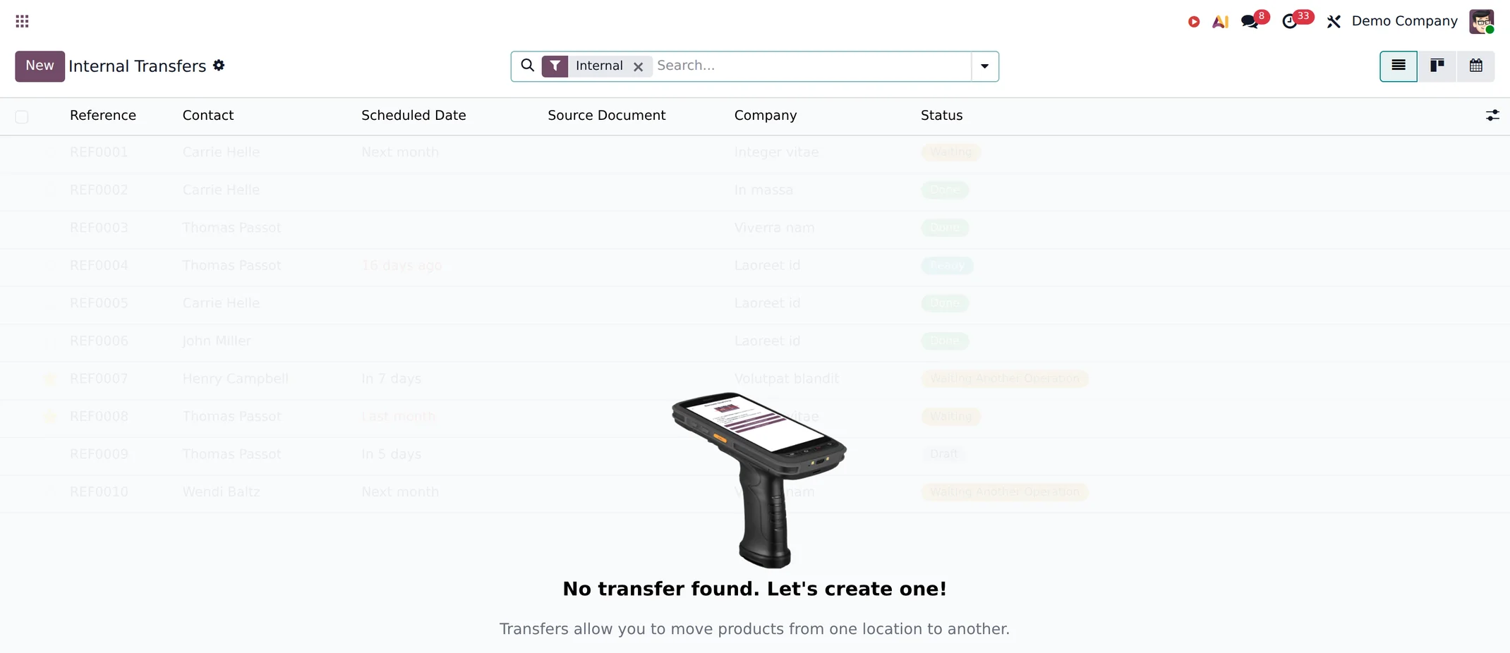 An Odoo internal transfer list.